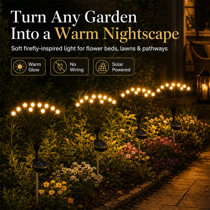 SolaBloom solar firefly lights turning a garden into a warm nightscape